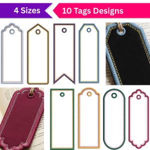 Puede incluir: Diez diseños de etiquetas de diferentes formas y colores. Cada etiqueta presenta costuras decorativas y un agujero para ensartar una cuerda. La imagen también muestra el texto "4 Sizes" y "10 Tags Designs".