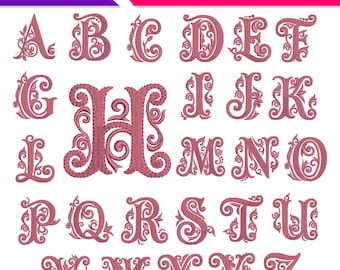 Ornamental Monogram Embroidery Font – Fancy Alphabet A-Z, 5 Sizes 2 to 4 Inch – Vintage Floral Letters Machine Embroidery Design