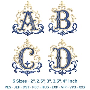 Può includere: Quattro lettere ricamate A, B, C e D in blu scuro con bordi in filigrana color crema. Il testo in basso recita: 5 Sizes - 2", 2.5", 3", 3.5", 4" inch. I formati di file elencati sono PES, JEF, DST, PEC, HUS, EXP, VIP, VP3 e XXX.
