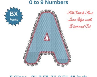 Fill Stitch Lace Font BX | Embroidery Alphabet A-Z & 0-9 | Decorative Lace Edge Letters | Machine Embroidery Font | 5 Sizes | BX + 8 Formats