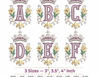 Royal Floral Crest Embroidery Alphabet | Crown Monogram Letters | Ornate Machine Embroidery Alphabet | A-Z 0-9