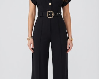 Black Wide Leg Jumpsuit with Belt - Short Sleeve Button Down Collared Romper, Elegant One Piece Office Outfit, Formal Jumpsuit, Gift for Her