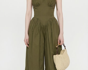 Olive Green Cotton Poplin Jumpsuit with Belt, Casual Summer Romper,Women’s Utility Overall, Sleeveless Boho One Piece,Cargo Style Streetwear
