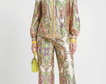 Satin Two Piece Set for Women, Elegant Silk Wide Leg Pant Set, Summer Vacation Outfit, Green Satin Pajama Style Set, Luxury Resort Wear