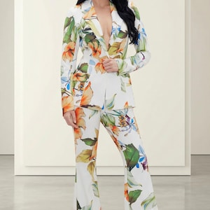 Elegant White Poppy Floral Blazer Suit Set Floral 2 Piece Outfit, Professional Women Wear, Spring Summer Formal Attire, Trendy Co-ord Set