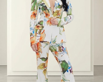 Elegant White Poppy Floral Blazer Suit Set Floral 2 Piece Outfit, Professional Women Wear, Spring Summer Formal Attire, Trendy Co-ord Set