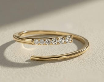 Minimalist Moissanite Open Ring – Sterling Silver Adjustable Band, Dainty Diamond Look Stackable Ring, Modern Wrap Ring for Women
