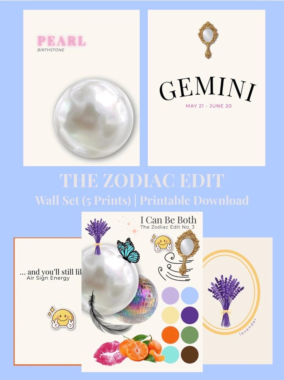 Gemini Wall Art Set of 5, Zodiac Printable Wall Art, Astrology Decor ...