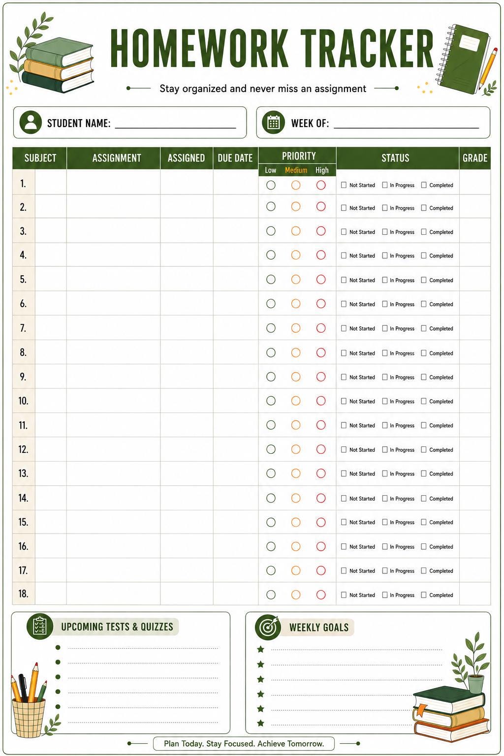 Homework Tracker Printable PDF Editable Homework Planner Student Planner Assignment Checklist Study Planner School