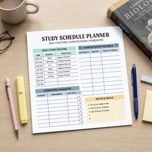 May include: A study schedule planner with sections for daily routine, exam revision, and homework. The planner includes a timetable, homework organizer, and notes section. A biology textbook, pens, and a mug are also on the wooden desk.