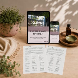 May include: A tablet and smartphone displaying a guide titled Fresh From Nature, Shelf Life Guide for Essential Oils, Carrier Oils and Herbs. Two printed sheets with lists of essential oils and their shelf lives are placed on a wooden surface.