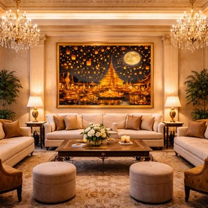 Arte del Festival de Linternas de Yi Peng, escena de templo en Tailandia, luces de luna llena (descarga digital)