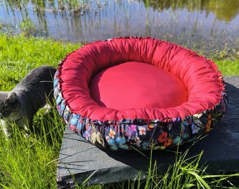 Handgjord rund kattbädd, färgglatt tryck, tvättbart mysigt nest