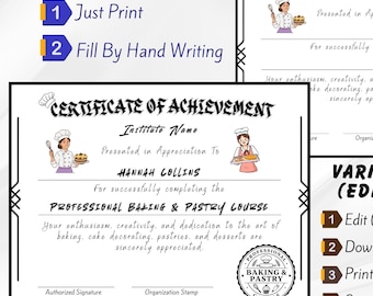 Baking & Pastry Certificate Template | Editable Canva Certificate | Culinary Course Award | Printable Achievement Certificate