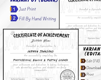 Baking Certificate Template Editable Canva | Professional Pastry Course Certificate | Printable Achievement Award | Culinary Diploma
