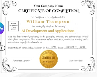 Editable Certificate of Completion Template | Black Gold Training Award (Digital Download)