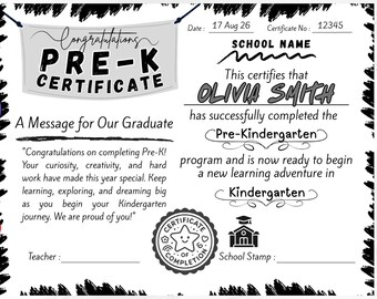 Pre-K Graduation Certificate Template | Editable Canva Preschool Diploma | Pre Kindergarten Completion | Printable Graduation Award
