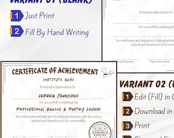 Baking Certificate Template Canva Editable | Pastry Course Certificate | Culinary Achievement Award | Printable Diploma Download
