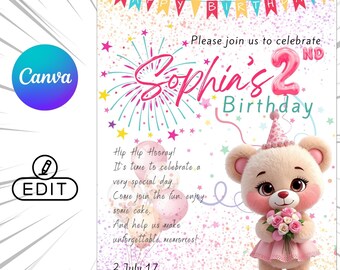 Editable Teddy Bear 2nd Birthday Invitation, Pink Girl Party Template (Digital Download)
