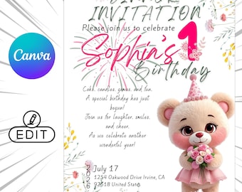 Teddy Bear First Birthday Invitation | Pink Floral Girl Party Template (Digital Download)