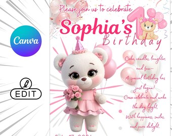 Pink Teddy Bear 1st Birthday Invitation Template (Digital Download)