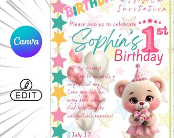 Teddy Bear 1st Birthday Invitation Template | Pink Girl Party Invite (Digital Download)