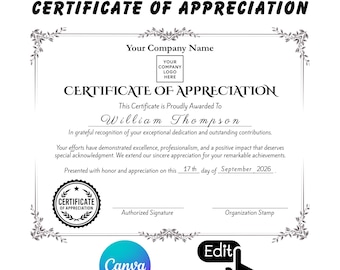 Editable Appreciation Certificate Template | Employee Award Recognition (Digital Download)