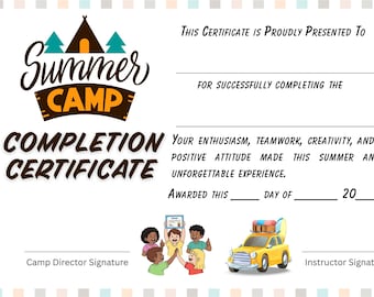 Summer Camp Completion Certificate Printable | Camp Award Certificate | Kids Camp Graduation Diploma | Instant Download PDF