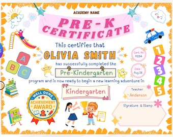 Pre-K Certificate Template Editable | Pre Kindergarten Graduation | Preschool Diploma | Kids Achievement Award | Instant Download