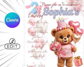 Editable Teddy Bear Birthday Invitation | Pastel Pink Girl 2nd Birthday (Digital Download)