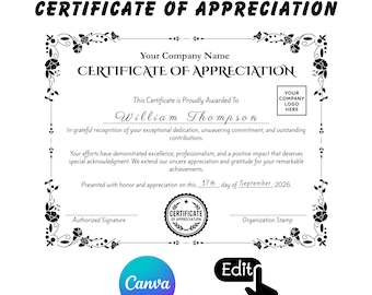 Editable Appreciation Certificate Template | Floral Border Award (Digital Download)