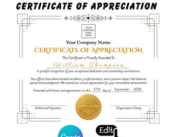 Editable Certificate of Appreciation Canva Template | Professional Award Certificate | Employee Recognition Printable