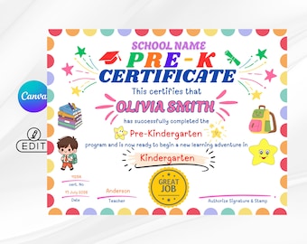 Pre-K Certificate Template Editable in Canva | Preschool Graduation Certificate | Printable Kindergarten Promotion Award