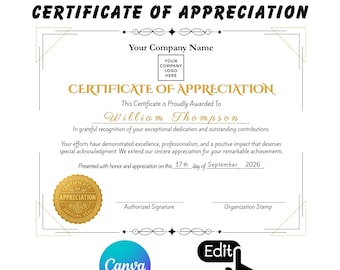 Editable Certificate of Appreciation Canva Template | Employee Recognition Award | Professional Appreciation | Printable PDF Download