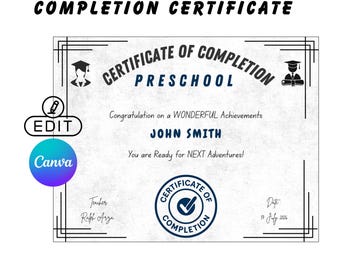 Preschool Completion Certificate | Editable Canva Diploma | Printable Graduation Award for Kids | Instant Download