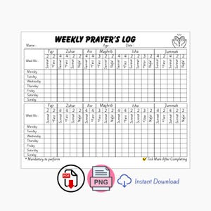 Könnte beinhalten: Ein druckbares wöchentliches Gebetsprotokoll mit weißem Hintergrund. Das Protokoll enthält Abschnitte für Fajr, Zuhr, Asr, Maghrib, Isha und Jummah Gebete. Es hat Bereiche zur Aufzeichnung von Sunnat-, Farz- und Nafal-Gebeten, mit einem Abschnitt für die Wochennummer und die Wochentage.
