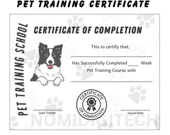Pet Training Certificate | Dog Graduation Award (Digital Download)