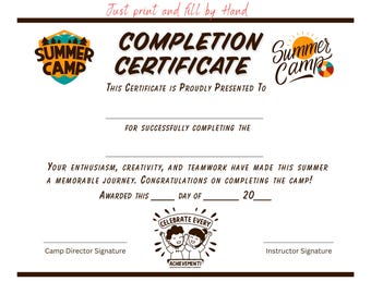 Summer Camp Completion Certificate Printable | Camp Certificate Template | Kids Camp Award | Camp Graduation Diploma | PDF Download