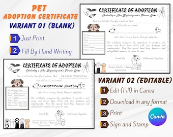 Pet Adoption Certificate Template | Editable Canva, Printable Dog Cat (Digital Download)