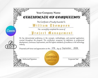 Editable Certificate of Completion Template, Professional Training Award (Digital Download)