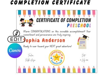 Kids Completion Certificate Template | Editable Graduation Award | Canva Certificate | Printable Preschool Diploma