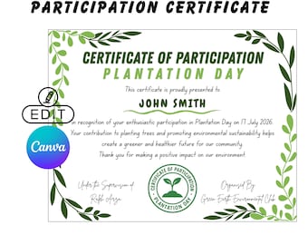 Plantation Day Participation Certificate | Printable Environmental Award | Tree Planting Event Certificate | Instant Download