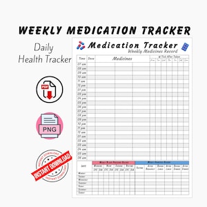 Op de afbeelding: Een afdrukbare wekelijkse medicatietracker met de titel "Weekly Medication Tracker". Het bevat secties voor tijd, dosis en medicijnen, evenals ruimtes voor het registreren van bloeddruk en diabetesmetingen. Inclusief "Direct downloaden" graphics.