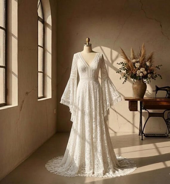 vintage inspired beach wedding dresses Boho Lace Dress, Bell Sleeve Tulle Gown, Bridal Dress, Bohemian Bridal Gown, Wedding Dress Boho chic