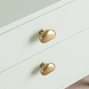 Op de afbeelding: Twee geborsteld gouden kastknoppen met een asymmetrische, afgeronde, kiezelachtige vorm. Elke knop is gemonteerd op een licht mintgroen ladefront en heeft een gladde, metalen afwerking die het licht over het gebogen oppervlak weerkaatst.