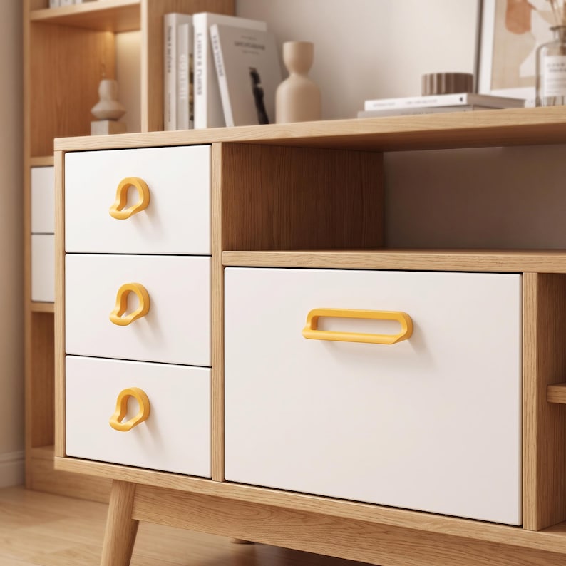 Lekfulla skåphandtag och knoppar, Loop-lådhandtag, Moderna byråhandtag, Skåpbeslag till barnrum, Skåphandtag till barnrum, Heminredning bild 6