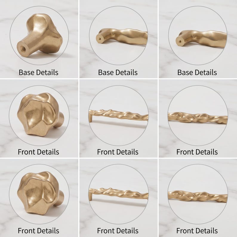 May include: A collection of gold-toned cabinet hardware featuring irregular, organic shapes. The set includes knobs and long pulls with textured, uneven surfaces. Each circular frame highlights either the base details or the front details of the hardware.