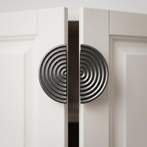 May include: Two semi-circular cabinet handles in a dark metallic finish, each featuring a series of concentric circular ridges. The handles are mounted on the edges of two adjacent white cabinet doors, creating a full circular pattern when closed.