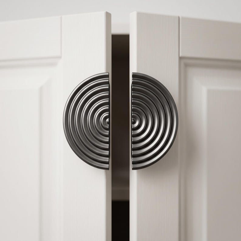 May include: Two semi-circular cabinet handles in a dark metallic finish, each featuring a series of concentric circular ridges. The handles are mounted on the edges of two adjacent white cabinet doors, creating a full circular pattern when closed.