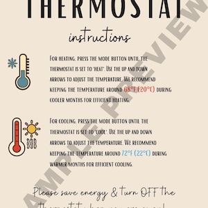以下が含まれることがあります： ベージュ色の説明書で、上部に「THERMOSTAT」の文字があります。 テキストには、暖房と冷房の手順が記載されており、推奨温度は20℃と22℃です。 また、不在時にはサーモスタットをオフにすることも推奨しています。